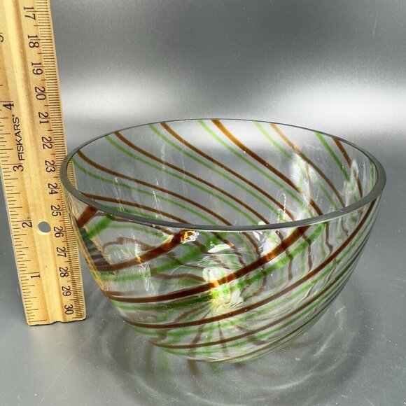 Vintage Molded Glass Dish Bowl With Green Red Swirls Clear Glass Container Bowl - Picture 2 of 9